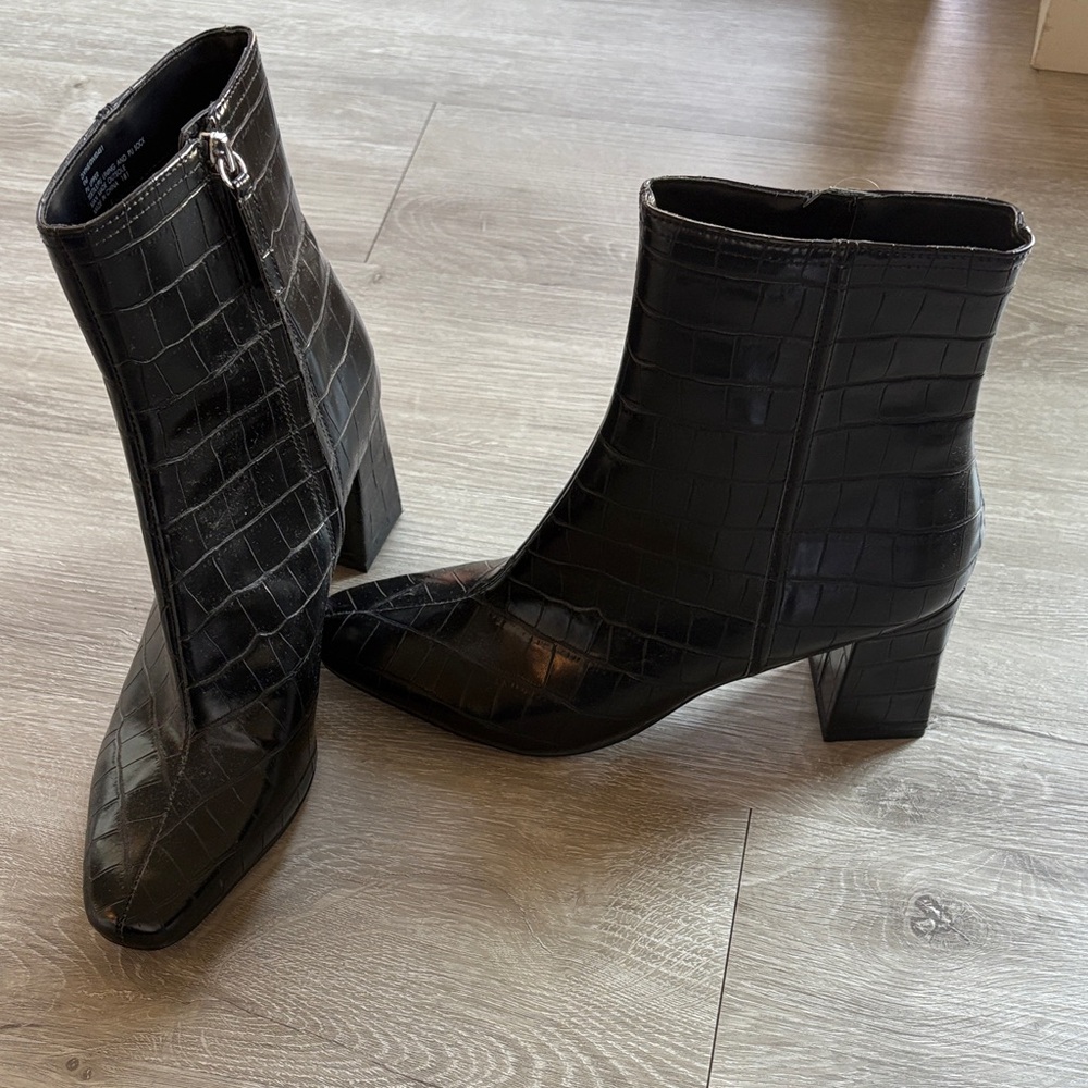 Black Croc-Embossed Ankle Boots